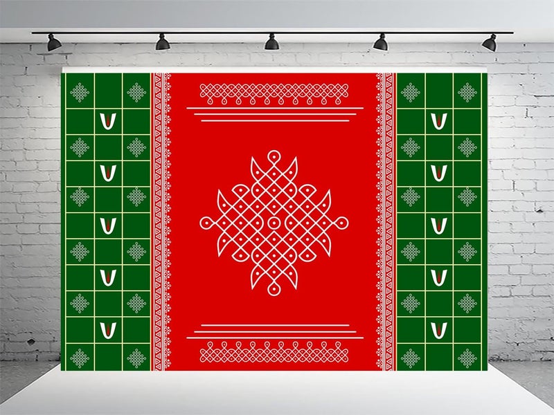 Dhara Creation Red Kolam Tilak 5FT7FT Backdrop Cloth for Pooja Decoration WeddingSatyanarayan Pooja Traditional Background Curtain Cloth for Festival Washable Fabric - Image 1