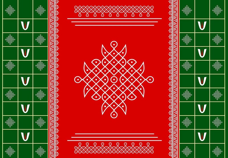 Dhara Creation Red Kolam Tilak 5FT7FT Backdrop Cloth for Pooja Decoration WeddingSatyanarayan Pooja Traditional Background Curtain Cloth for Festival Washable Fabric - Image 4