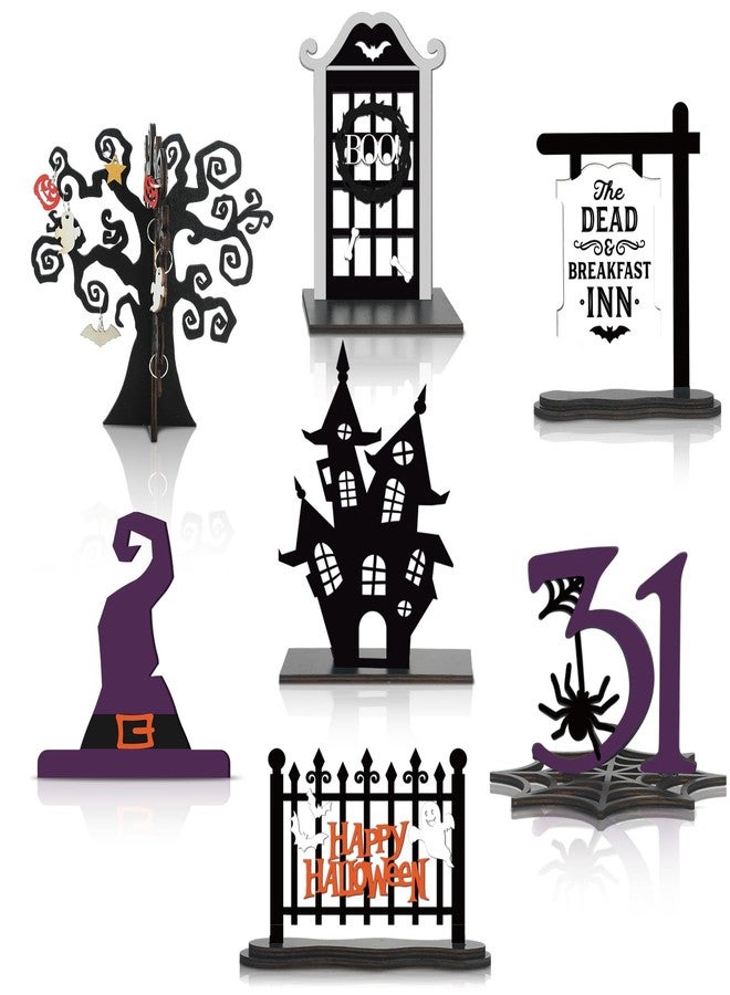 Soaoo 7 Pcs Halloween Wood Centerpieces Decorations 3D Halloween Tiered Tray Wood Decor Spooky Theme Decorations Ghost Party Table Topper for Home Table Shelf Party Display Centerpieces Photo Prop - Image 1