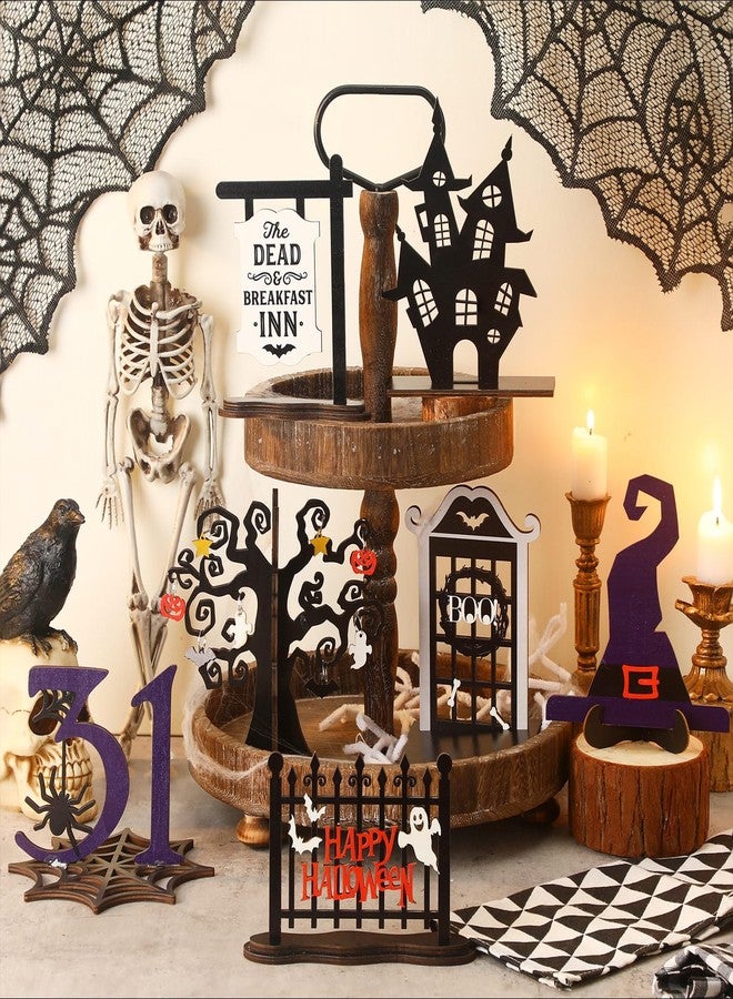 Soaoo 7 Pcs Halloween Wood Centerpieces Decorations 3D Halloween Tiered Tray Wood Decor Spooky Theme Decorations Ghost Party Table Topper for Home Table Shelf Party Display Centerpieces Photo Prop - Image 5