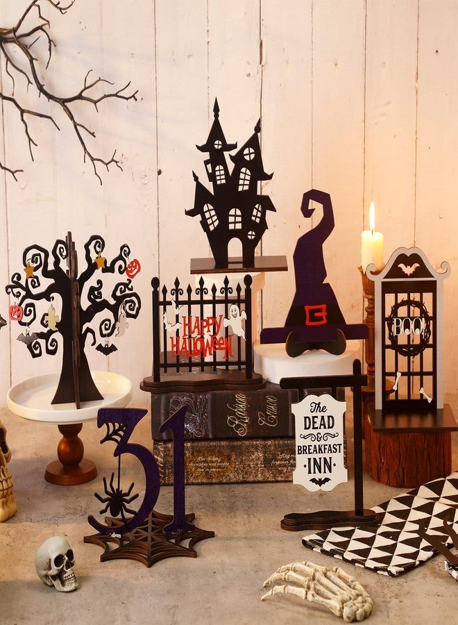 Soaoo 7 Pcs Halloween Wood Centerpieces Decorations 3D Halloween Tiered Tray Wood Decor Spooky Theme Decorations Ghost Party Table Topper for Home Table Shelf Party Display Centerpieces Photo Prop - Image 2