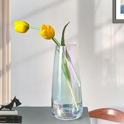 Aoderun Flower Vase Modern Home Decor Glass Vase for Bouquet 8.7" Centerpiece Decor Room Living Room Library Office Table Entryway Modern Farmhouse(Iridescent Clear) - Image 2