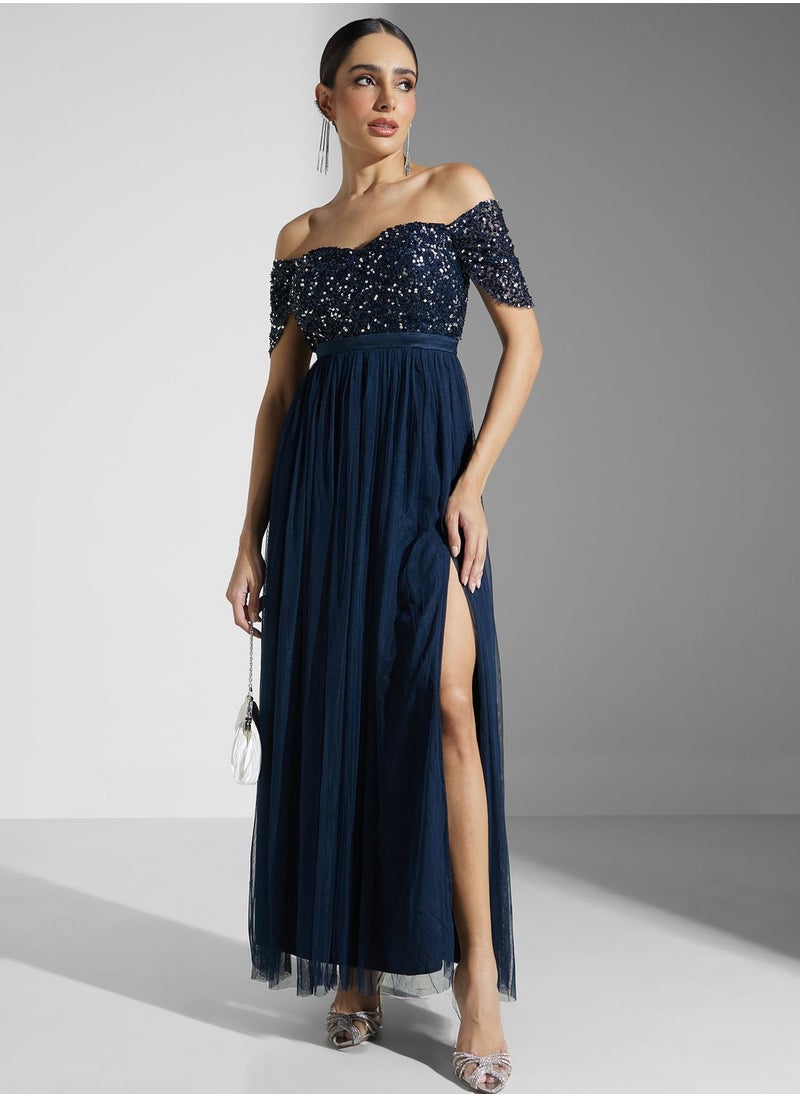 Maya Embellished Sweetheart Neck  Bardot Dress  - Image 1