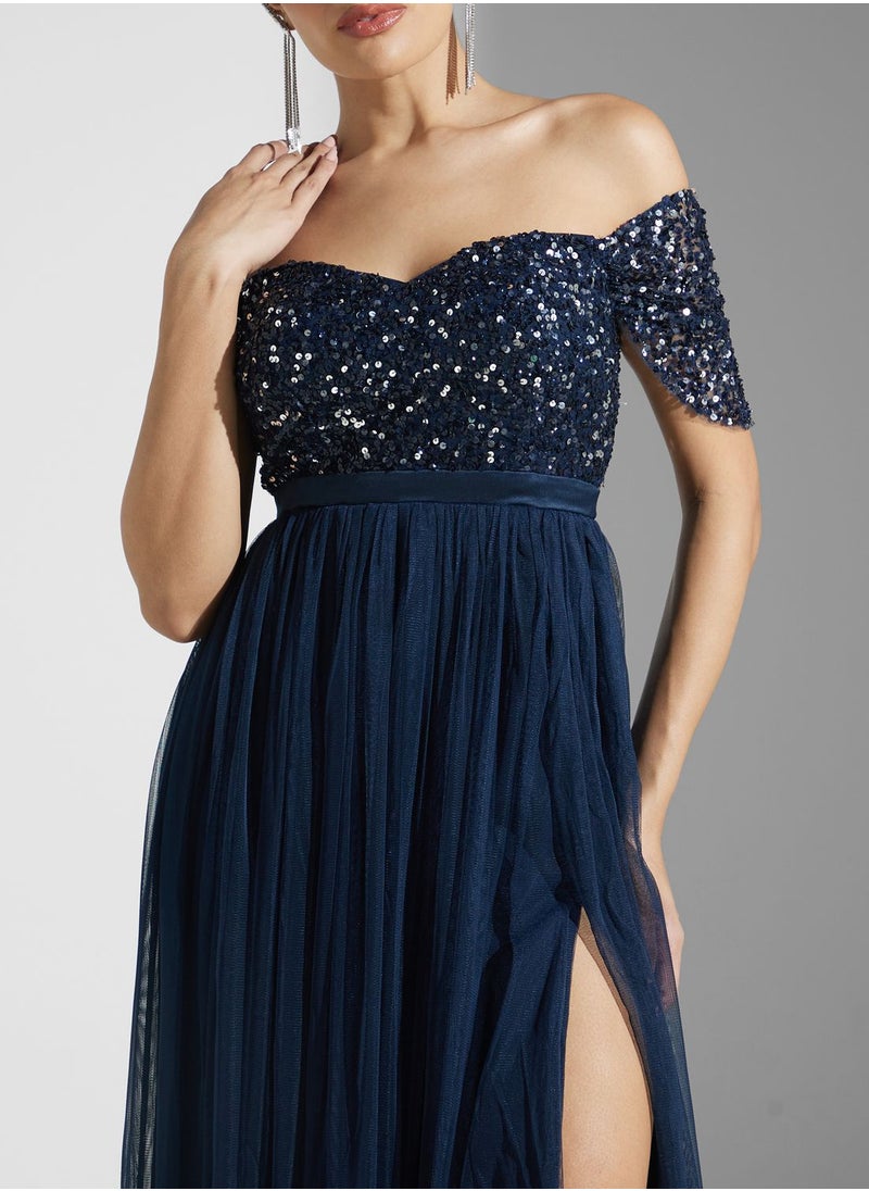 Maya Embellished Sweetheart Neck  Bardot Dress  - Image 3