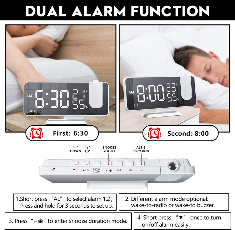 Petilleur Projection Alarm Clock for Bedroom Ceiling Digital Clock Radio with USB Charger Ports 180° Rotatable Projector, 12/24H,Snooze,Dual Loud Alarm Clock (White) - Image 4