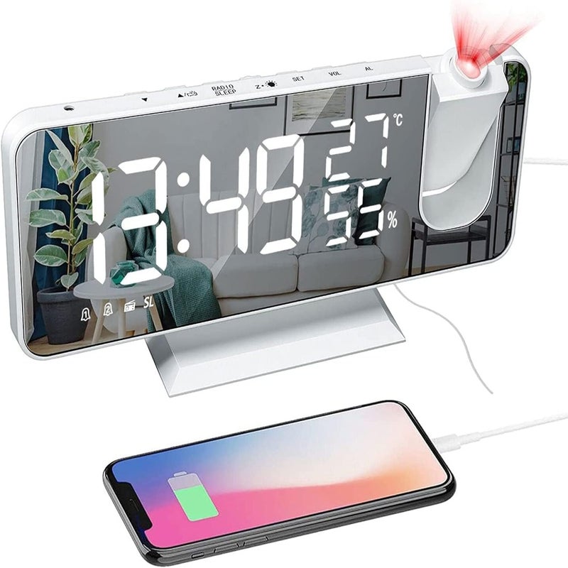 Petilleur Projection Alarm Clock for Bedroom Ceiling Digital Clock Radio with USB Charger Ports 180° Rotatable Projector, 12/24H,Snooze,Dual Loud Alarm Clock (White) - Image 1
