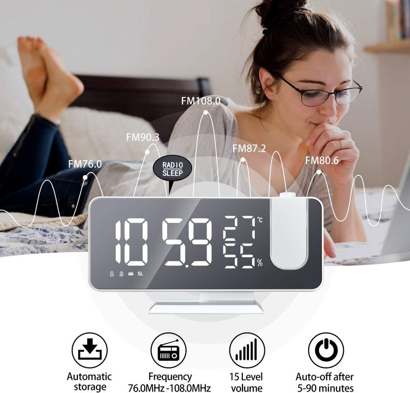 Petilleur Projection Alarm Clock for Bedroom Ceiling Digital Clock Radio with USB Charger Ports 180° Rotatable Projector, 12/24H,Snooze,Dual Loud Alarm Clock (White) - Image 2