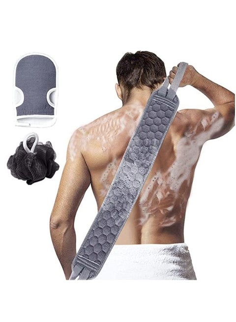 3 Pcs Exfoliating Back Scrubber and Exfoliating Glove and Shower Loofah Set, Body Scrub Portable Shower Towel, Adult Washing and Cleaning Exfoliating Towel (gray)