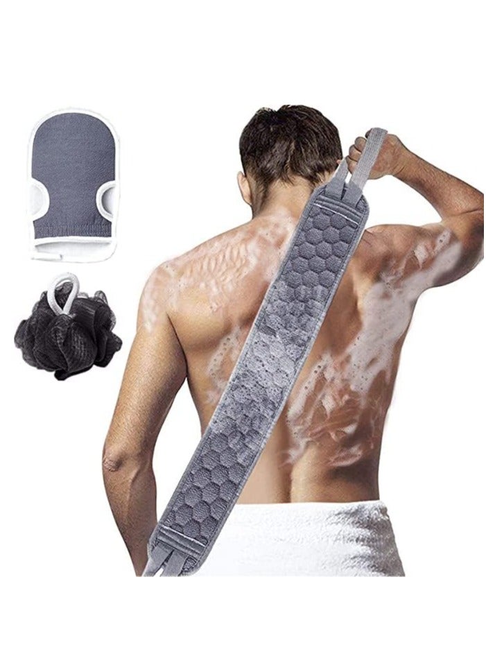 GUDOO 3 Pcs Exfoliating Back Scrubber and Exfoliating Glove and Shower Loofah Set, Body Scrub Portable Shower Towel, Adult Washing and Cleaning Exfoliating Towel (gray)  - Image 1