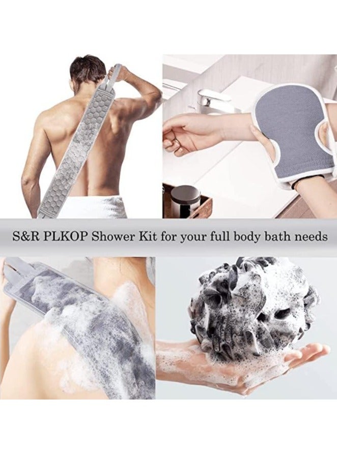 GUDOO 3 Pcs Exfoliating Back Scrubber and Exfoliating Glove and Shower Loofah Set, Body Scrub Portable Shower Towel, Adult Washing and Cleaning Exfoliating Towel (gray)  - Image 5