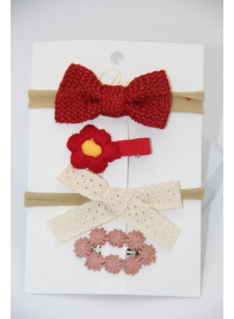 D'Daniela Ria Ribbon Bow Clip Set with Ponytail For Babies and Girls - Red - Image 1