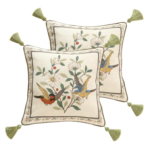 ISAENNE Design Square Bird Floral Linen Throw Pillow Covers 18x18 Pack of 2 White Simple Elegant Daisy Pattern Cushion Covers Decor Pillowcases for BedLiving RoomOutdoorCar - Image 1