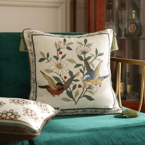 ISAENNE Design Square Bird Floral Linen Throw Pillow Covers 18x18 Pack of 2 White Simple Elegant Daisy Pattern Cushion Covers Decor Pillowcases for BedLiving RoomOutdoorCar - Image 3