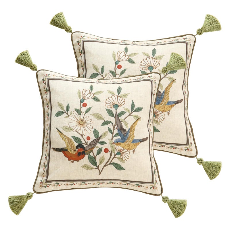 ISAENNE Design Square Bird Floral Linen Throw Pillow Covers 18x18 Pack of 2 White Simple Elegant Daisy Pattern Cushion Covers Decor Pillowcases for BedLiving RoomOutdoorCar - Image 2