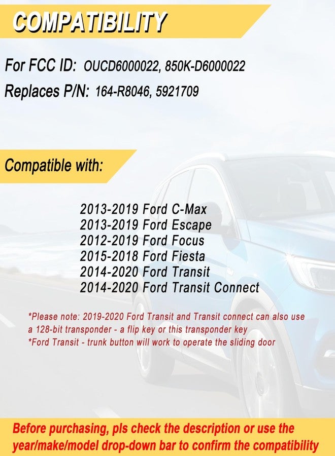 Vurkcy Key Fob Replacement for Ford Focus 2012 2013 2014 2015 2016 2017 2018 2019 C-MAX Escape Fiesta 2015-2018 Transit Connect 164-R8046 OUCD6000022 - Image 2