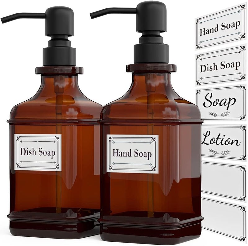 GLADPURE Soap Dispenser 2 Pack, Hand Soap Dispensers with 18 Oz Antique Design Thick Amber Glass Bottle, 316 Rust Proof Stainless Steel Black Pump, 6Pcs Stickers, for Lotion, Soap, Essential Oil - Image 1