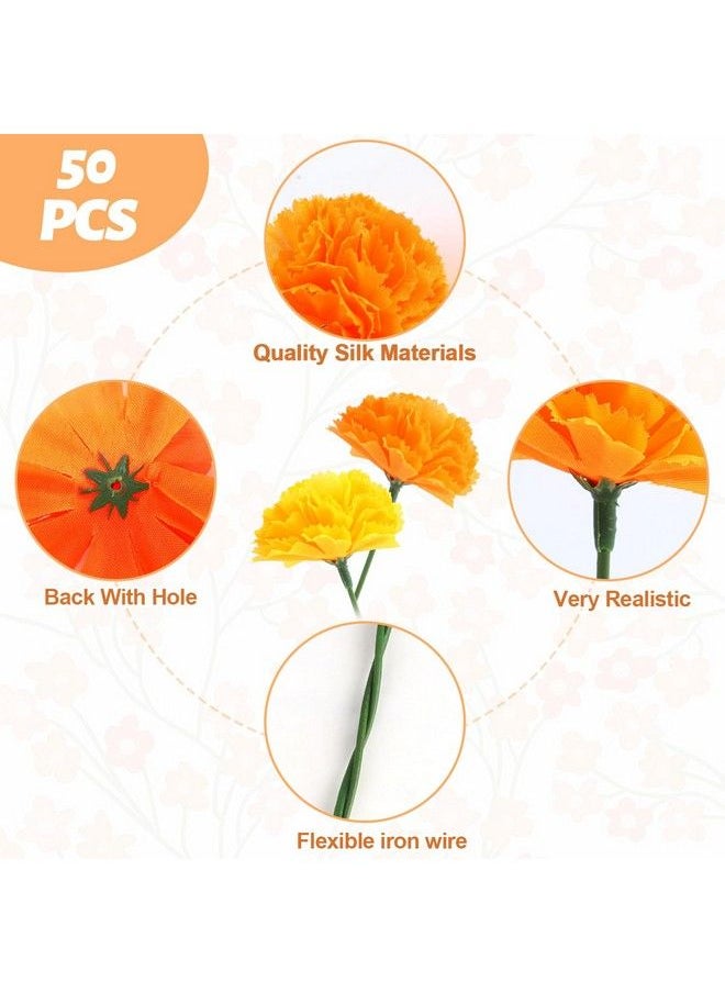 DIYASY - Marigold Flowers Bulk 50 Pcs Artificial Silk Marigolds With Stems Fake Orange Flower Heads For Day Of Dead Home Decorations Faux Dia De Los Muertos Altar Décor Maxico Halloween Garland - Image 1