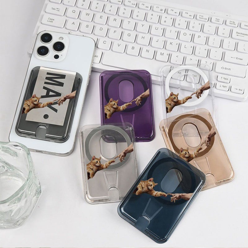 Creative Cat Stretches Out To Interact Pattern Transparent Phone Card Holder For 1 2 Cards PC Card Storage Compatible With iPhone 17 Air 17 Pro Max 17 Pro 16 15 14 13 12 Portable Protection Case - Image 1