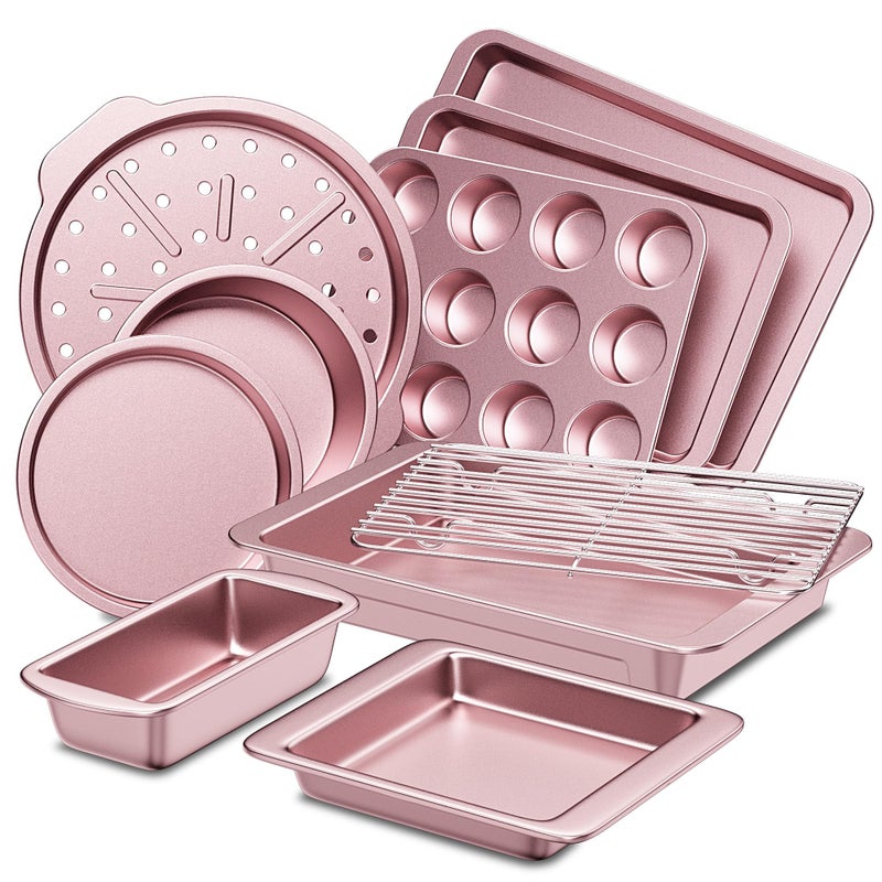 HONGBAKE Bakeware Sets Baking Pans Set Nonstick Oven Pan for Kitchen with Wider Grips 10Piece Including Rack Cookie Sheet Cake Pans Loaf Pan Muffin Pan Pizza Pan Pink