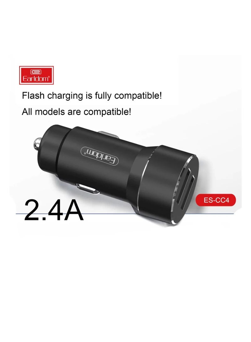 Earldom 2.4A Fast Charging Metal Dual USB Car Charger – High-Power Adapter for All Vehicles, Black - Image 2