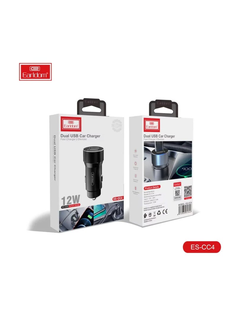 Earldom 2.4A Fast Charging Metal Dual USB Car Charger – High-Power Adapter for All Vehicles, Black - Image 1