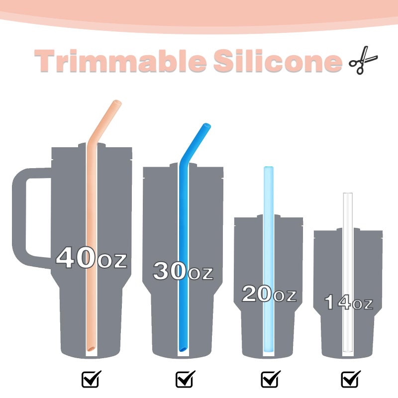 AINEEDY 8 Pack Replacement Straws for Stanley Cup 40 Oz 30oz Tumbler, 12 Inch Long 0.4" Wide Reusable Silicone Straw For Yeti/Simple Modern With 1 Cleaning Brush - 8 Colorful Bent - Image 2
