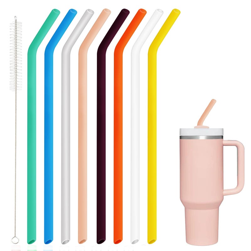 AINEEDY 8 Pack Replacement Straws for Stanley Cup 40 Oz 30oz Tumbler, 12 Inch Long 0.4" Wide Reusable Silicone Straw For Yeti/Simple Modern With 1 Cleaning Brush - 8 Colorful Bent - Image 1