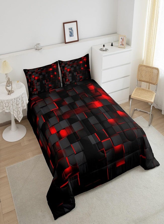 Feelyou Red and Black Bedding Set Twin Size Light Geometric Comforter Set for Kids Boys Girls Geometry Decor Comforter Modern Duvet Set with 1 Pillow Case - Image 3