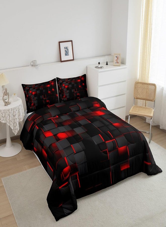 Feelyou Red and Black Bedding Set Twin Size Light Geometric Comforter Set for Kids Boys Girls Geometry Decor Comforter Modern Duvet Set with 1 Pillow Case - Image 2