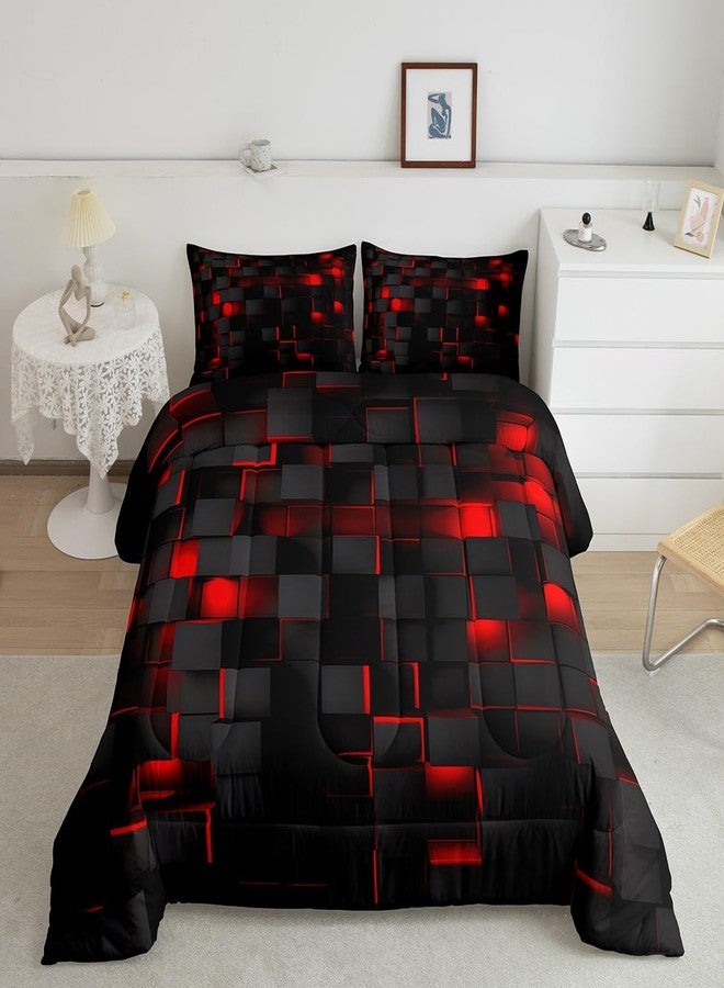 Feelyou Red and Black Bedding Set Twin Size Light Geometric Comforter Set for Kids Boys Girls Geometry Decor Comforter Modern Duvet Set with 1 Pillow Case - Image 1