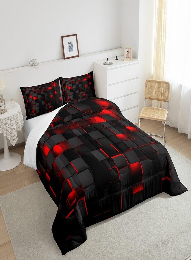 Feelyou Red and Black Bedding Set Twin Size Light Geometric Comforter Set for Kids Boys Girls Geometry Decor Comforter Modern Duvet Set with 1 Pillow Case - Image 4
