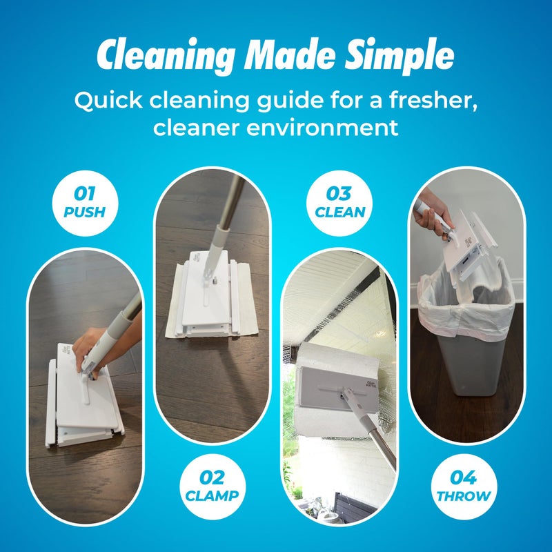 CleanMattix - مجموعة Sweep & Mop مع FlexiClamp - متوافقة مع وسادات Swiffer، أداة تنظيف متينة للأرضيات الخشبية، البلاط، الرخام والأرضيات اللامينيت، أساسيات تنظيف المنزل والمطبخ. (تشمل 10 قطع قماش جاف) - Image 2
