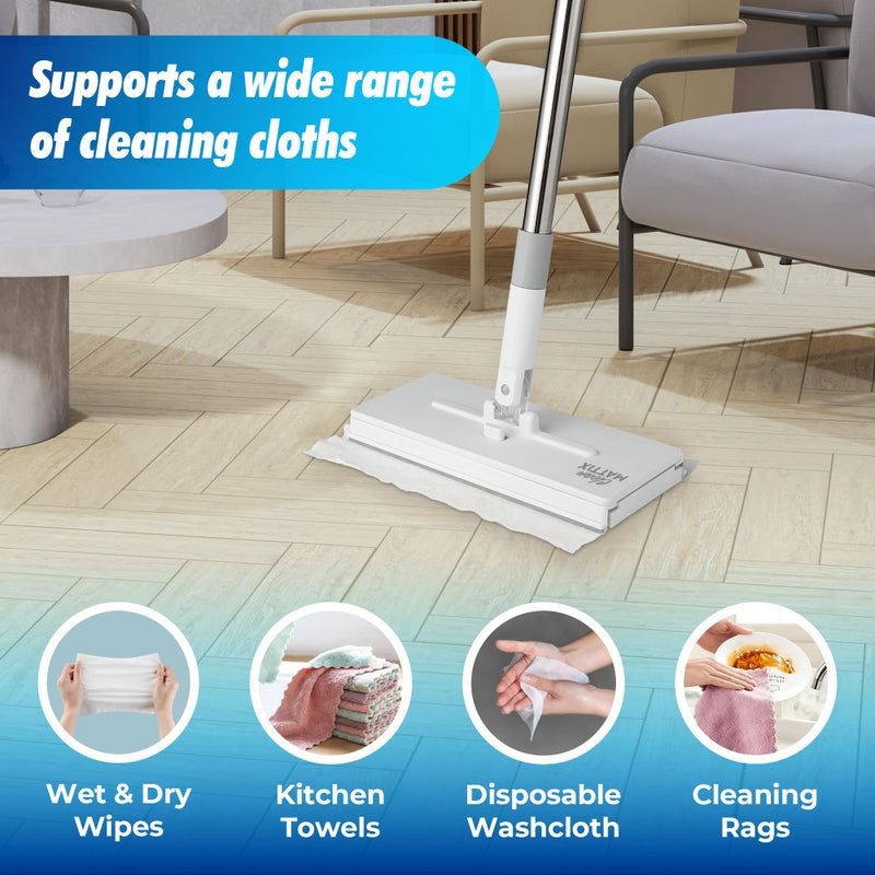 CleanMattix - مجموعة Sweep & Mop مع FlexiClamp - متوافقة مع وسادات Swiffer، أداة تنظيف متينة للأرضيات الخشبية، البلاط، الرخام والأرضيات اللامينيت، أساسيات تنظيف المنزل والمطبخ. (تشمل 10 قطع قماش جاف) - Image 3