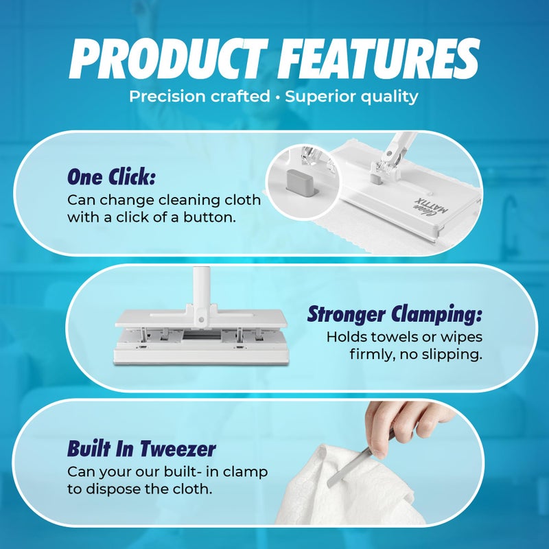 CleanMattix - مجموعة Sweep & Mop مع FlexiClamp - متوافقة مع وسادات Swiffer، أداة تنظيف متينة للأرضيات الخشبية، البلاط، الرخام والأرضيات اللامينيت، أساسيات تنظيف المنزل والمطبخ. (تشمل 10 قطع قماش جاف) - Image 5