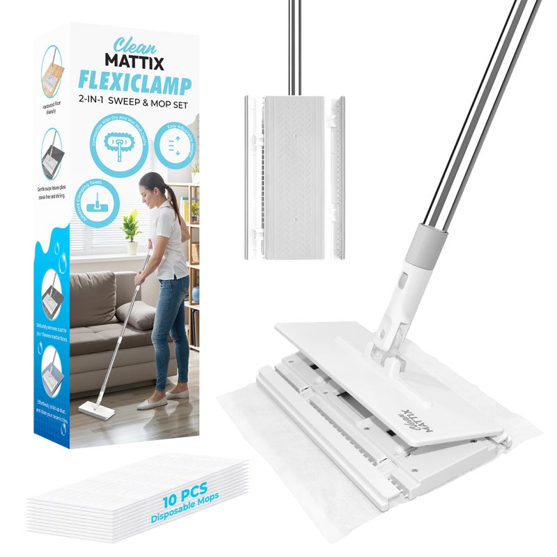 CleanMattix - مجموعة Sweep & Mop مع FlexiClamp - متوافقة مع وسادات Swiffer، أداة تنظيف متينة للأرضيات الخشبية، البلاط، الرخام والأرضيات اللامينيت، أساسيات تنظيف المنزل والمطبخ. (تشمل 10 قطع قماش جاف) - Image 1