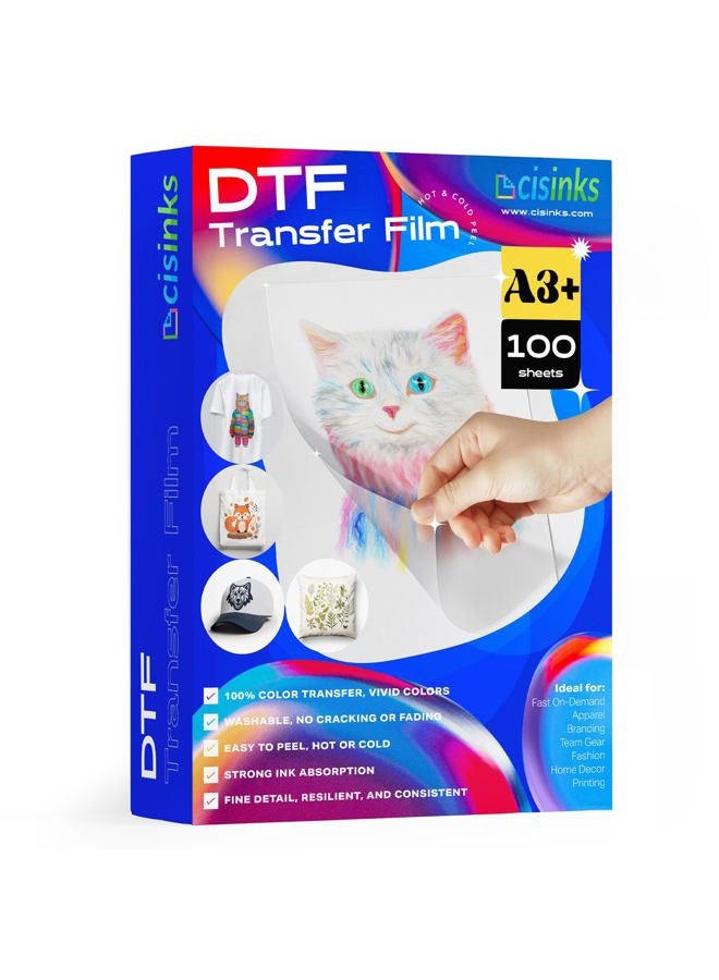 CIS Inks CISinks Hot/Cold Peel DTF Film for Sublimation 100 Sheets A3+ 13" x 19" PET Heat Transfer Paper for DIY Direct Print PreTreat Universal Waterproof Transparency on T-Shirts, for Printing Textile - Image 1