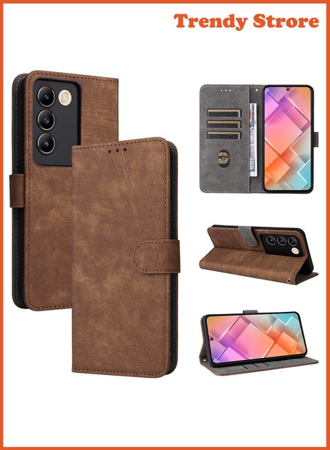 For ViVO V30 Lite Cover with Hand Strap, PU Leather Full Body Protection Shockproof Flip Mobile Cover, RFID Anti-theft Brush Folio Wallet Case