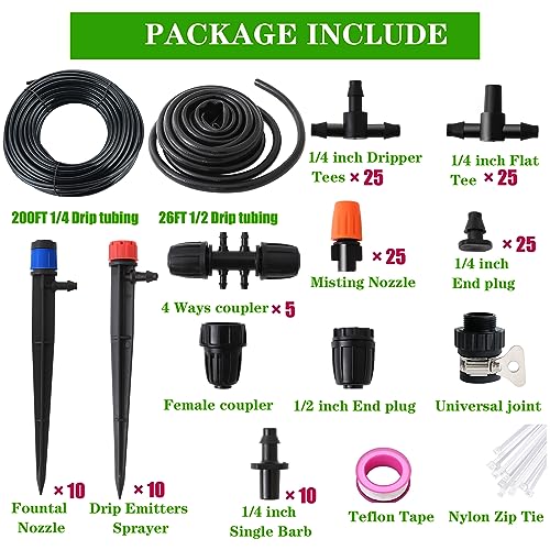 PRUNkuar 226FT Greenhouse Micro Drip Irrigation Kit Automatic Irrigation System Patio Misting Plant Watering System with 1/4 inch 1/2 inch Blank Distribution Tubing Hose Adjustable Nozzle Emitters Sprinkler - Image 3