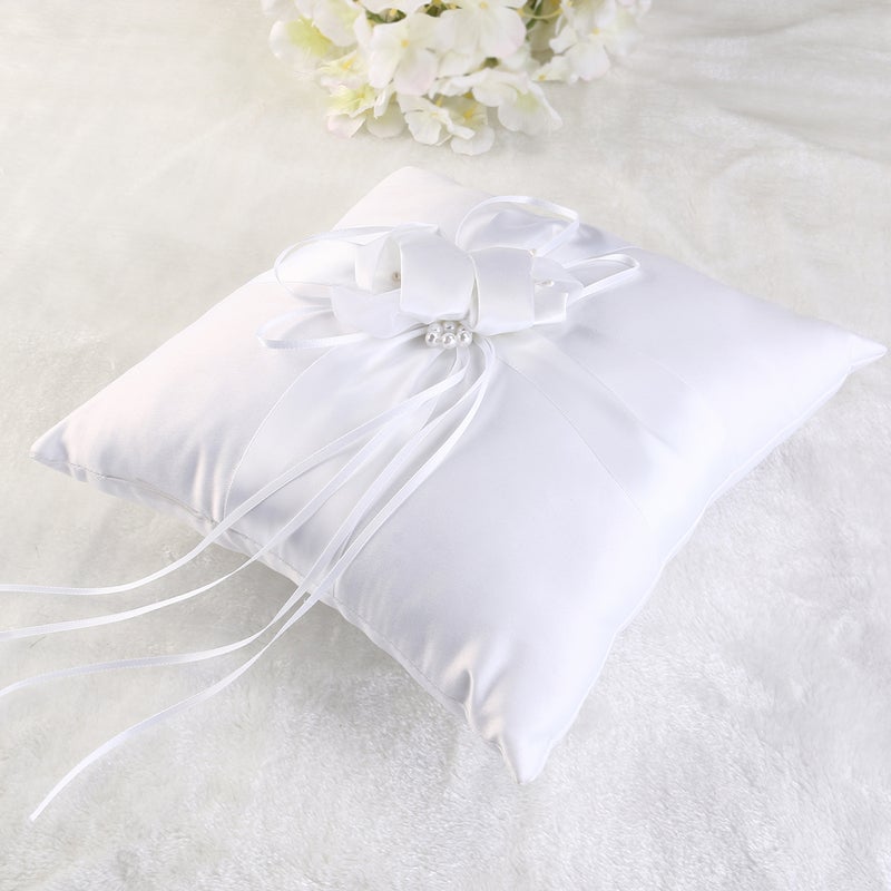 25*25cm Lovely Flower Buds & Faux Decor Bridal Wedding Ceramony Pocket Pillow Cushion Bearer with Ribbons ( White) - Image 1