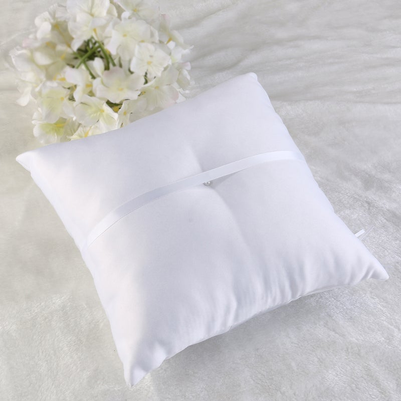 25*25cm Lovely Flower Buds & Faux Decor Bridal Wedding Ceramony Pocket Pillow Cushion Bearer with Ribbons ( White) - Image 2