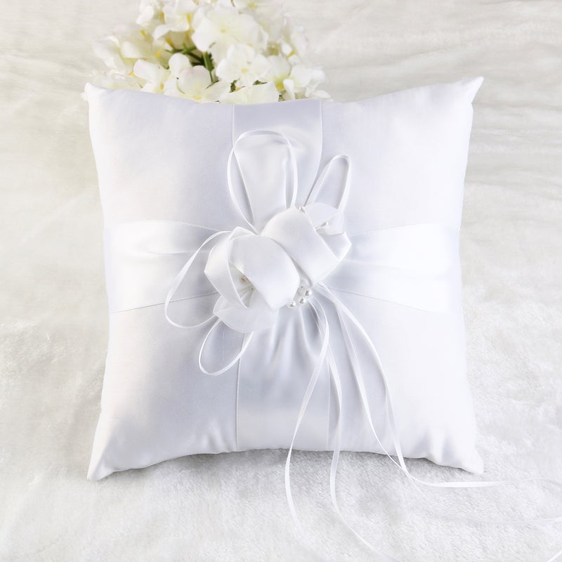 25*25cm Lovely Flower Buds & Faux Decor Bridal Wedding Ceramony Pocket Pillow Cushion Bearer with Ribbons ( White) - Image 4