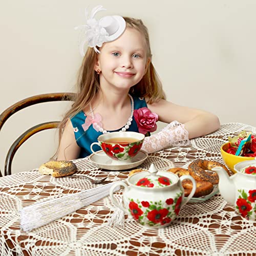 Sintege 4 Pcs Girls Tea Party Set Girls Tea Party Accessories Gloves Hats Necklace Fans for Toddler(White) - Image 4