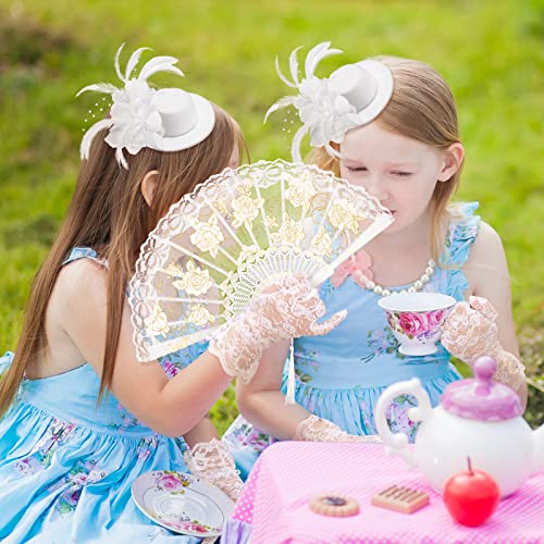 Sintege 4 Pcs Girls Tea Party Set Girls Tea Party Accessories Gloves Hats Necklace Fans for Toddler(White) - Image 5