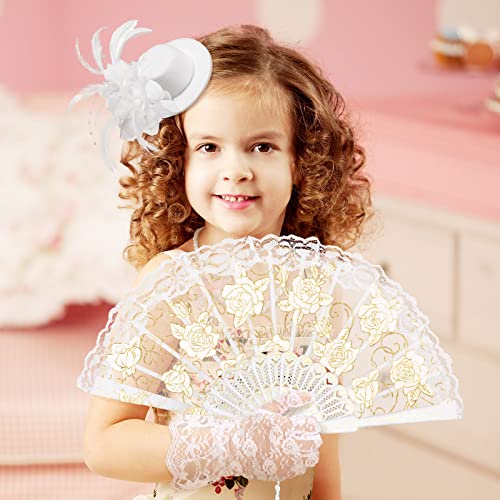 Sintege 4 Pcs Girls Tea Party Set Girls Tea Party Accessories Gloves Hats Necklace Fans for Toddler(White) - Image 2