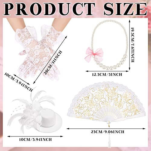 Sintege 4 Pcs Girls Tea Party Set Girls Tea Party Accessories Gloves Hats Necklace Fans for Toddler(White) - Image 3