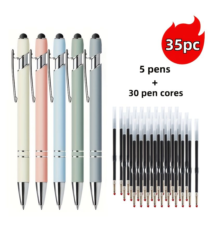 Set Of 35 Pcs Metal Retractable Ballpoint Pens With Touchscreen Stylus 5 Ballpoint Pens Plus 30 Pen Cores Blue Ink Smooth Writing Non Slip Grip For Everyday Use - Image 1