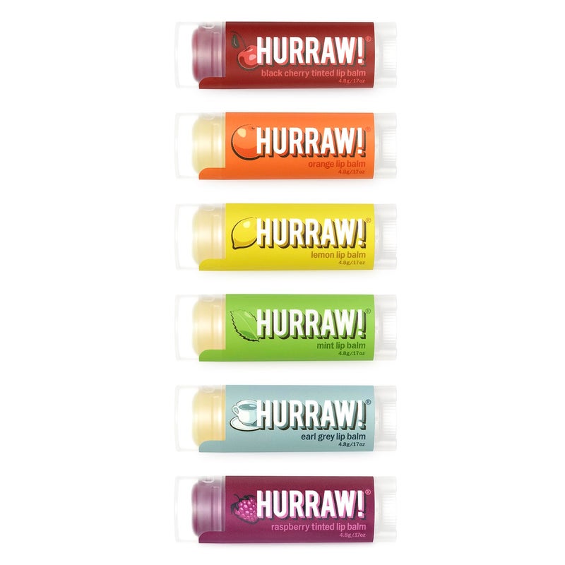 Hurraw Lip Balms Staff Favorites 6 Balm Bundle Pack Black Cherry Tinted Sheer Red Tint Orange Lemon Mint Earl Grey Raspberry Tinted Sheer Berry Tint  Organic Certified Vegan and AllNatural Bee Shea Soy  Palm Free Made in USA
