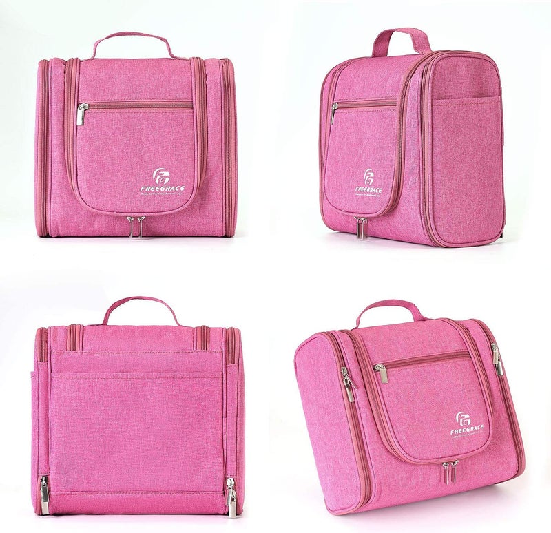 Freegrace Hanging Toiletry Bag Extra Large Capacity | Premium Travel Organizer Bags For Men And Women | Durable Waterproof Nylon Bathroom, Shower, Makeup Bag For Toiletries, Cosmetics, Brushes (Cerise Pink) - Image 5