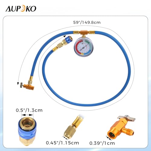 Aupoko R134A Car AC Refrigerant Charge Hose, 1/2 Puncture Type Can Tap Valve, R134A Quick Coupler, 59'' AC Recharge Hose with Low Pressure Gauge - Image 2