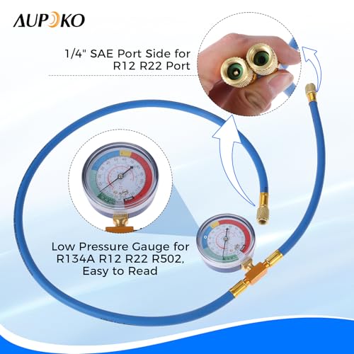 Aupoko R134A Car AC Refrigerant Charge Hose, 1/2 Puncture Type Can Tap Valve, R134A Quick Coupler, 59'' AC Recharge Hose with Low Pressure Gauge - Image 3
